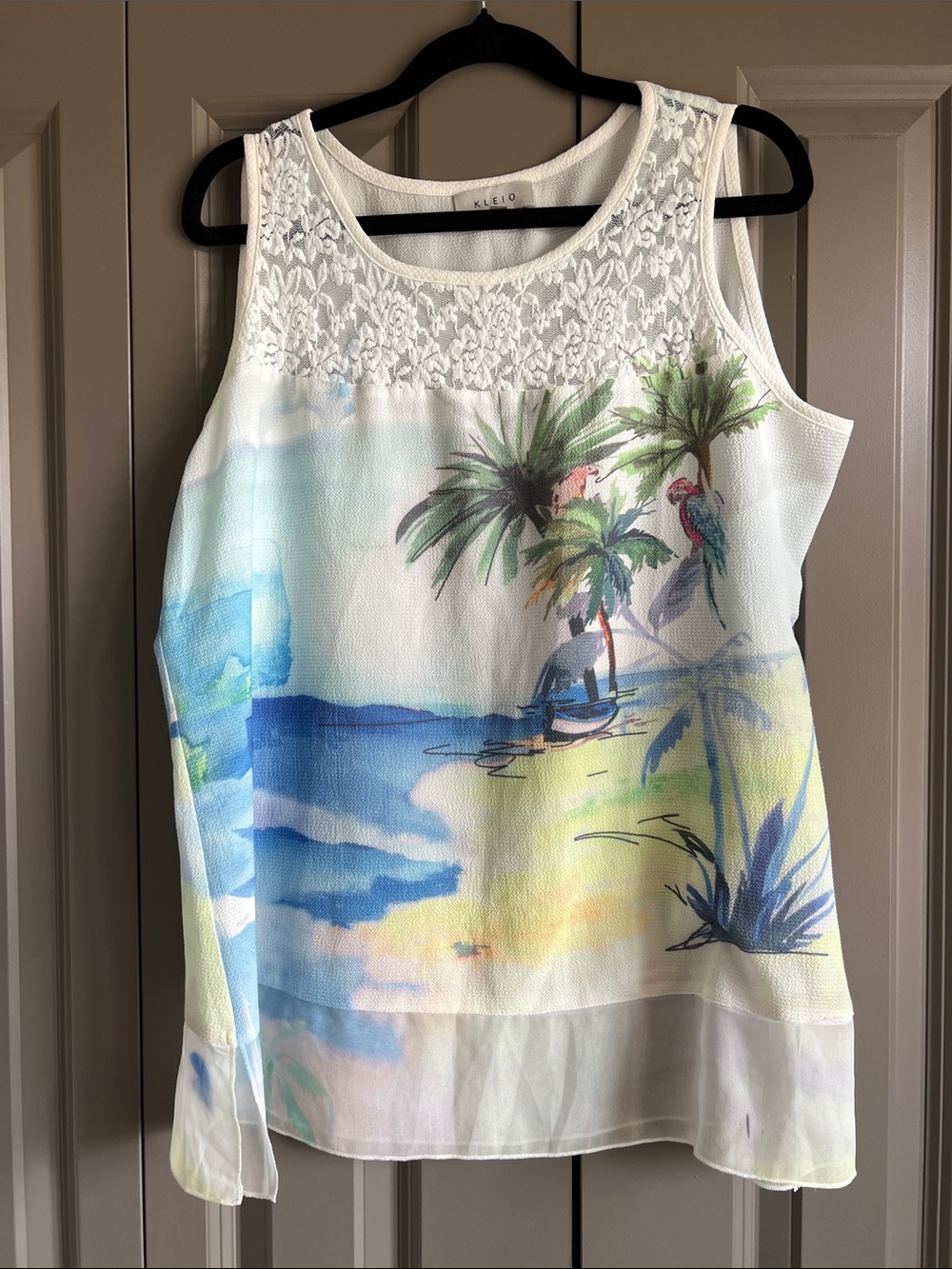 🌸3/$15🌸KELIO Tropical Watercolor Lace Yoke Sleeveless Blouse - White/Blue/Green